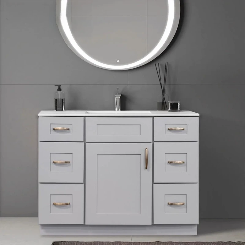 خزانة حمام مطلية بالخشب الصلب الريفي، مجموعة خزانة حوض غسيل أرضية من السيراميك #1