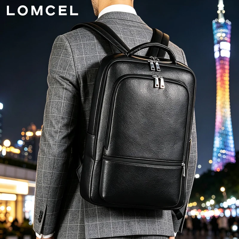 LOMCEL 9 Leather backpack for men Business style. Top-grade cowhide. Multi-functional. USB compatible. Business style double-sh