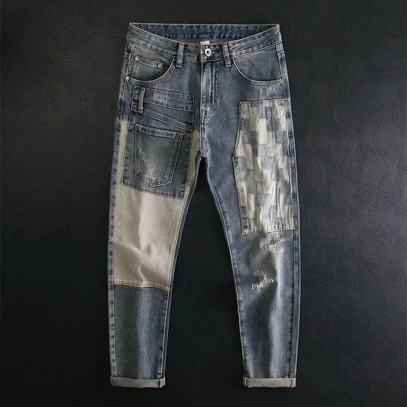 

Spliced denim men's pants slim fit small straight tube elastic patch worn out trendy