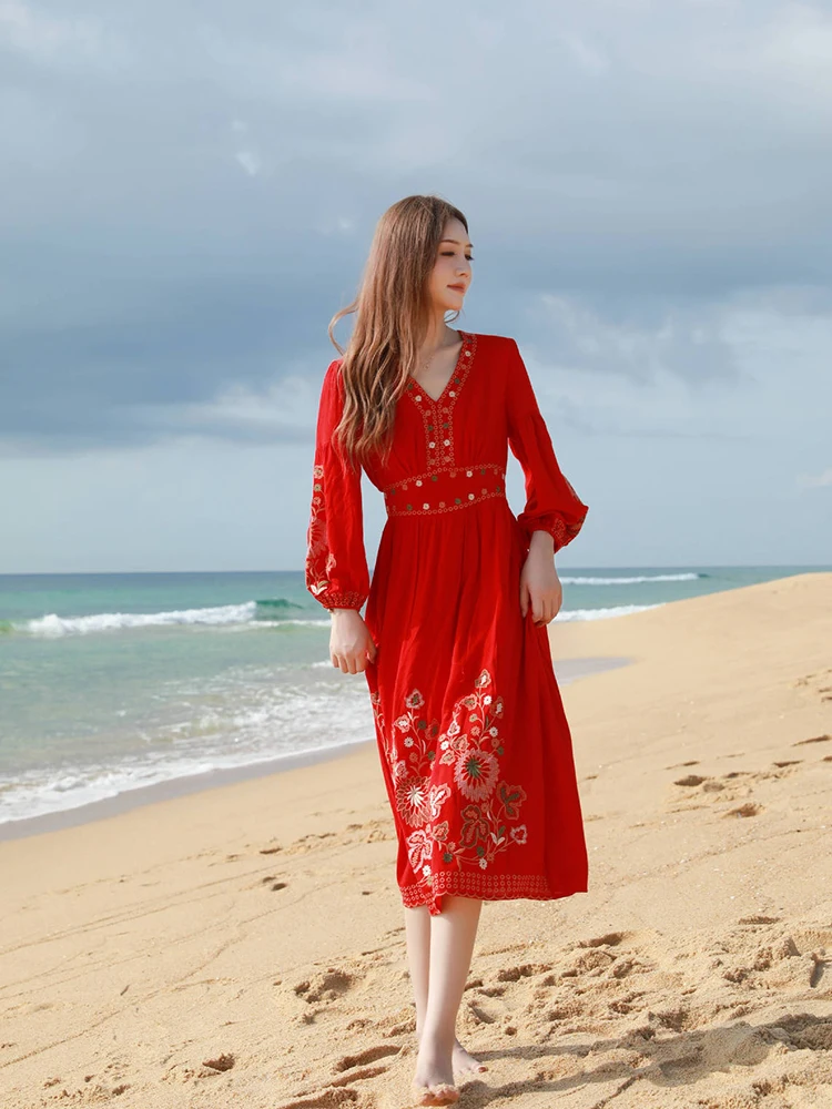 Gypsylady Floral Embroidery Boho Dress Cotton&linen V-neck Long Sleeve Vocation Beach Red Women Dresses Ladies Vestidos Robe New