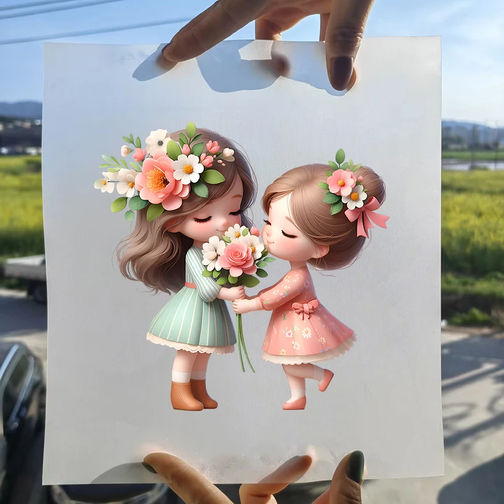 15cm Kids Cute Flower Girl Iron On Heat Transfer Sticker For Clothes Pinted Vinyl Thermal Appliques Washable T-Shirt Decal