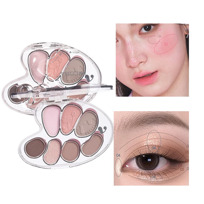 VEECCI Paleta de sombras de 7 cores, blush, destaque, tudo em um, de longa duração, sem manchas, à prova d'água, fosco, brilho, veludo, maquiagem aquosa