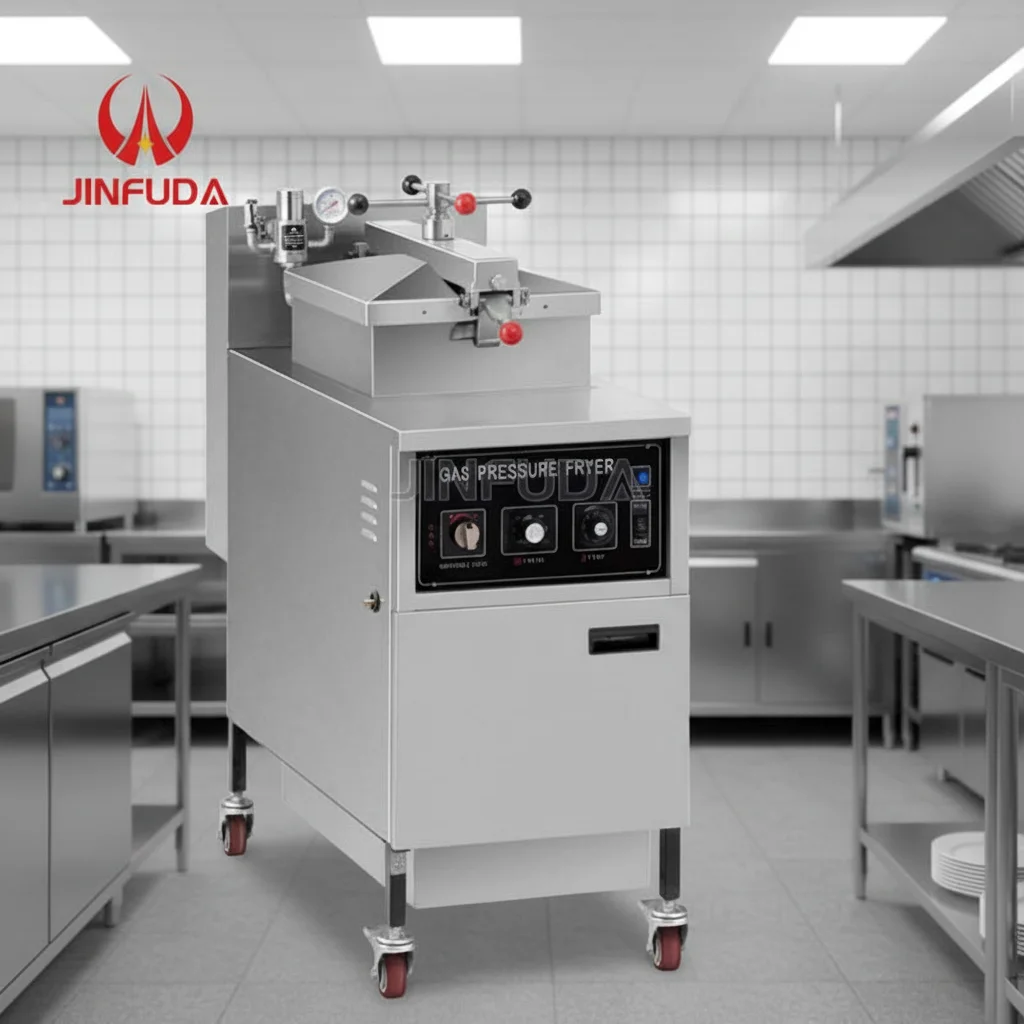 Commercial Gas Pressure Fryer Vertical Fried Chicken Furnace with Oil Filtration for Small Fried Chicken Shops Takeaway Outlets