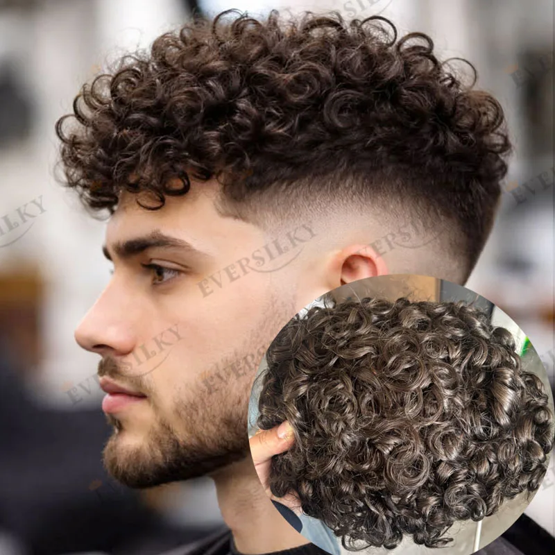 # 2 Dunkelbraune Lockige Echthaar-Perücken für Männer Langlebiges Mono-Top Natürlicher Haaransatz Blonde 18mm Lockige Europäische Männer-Haarprothese