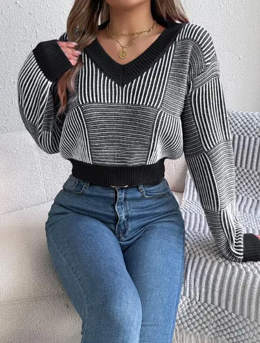 

Autumn and Winter 2025 Casual Striped Lantern Sleeve Exposed Navel Sweater for Women, V-Neck Slim Fit Elegant Knitted Sweater