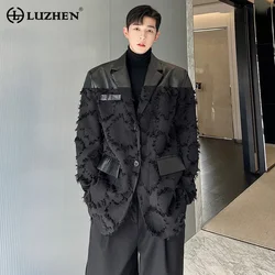 LUZHEN 2024 Fashion Korean Elegant Rough Edge Splicing Leather Casual Blazer Jackets Men Trendy Burr Design Autumn Coat 4b82e6