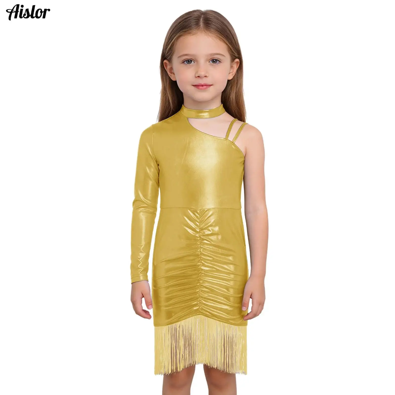 

Kids Girls Latin Cha-cha Dance Dress Asymmetrical Shoulder Metallic Shiny Tassels Ruched Dress for Stage Performance Competition
