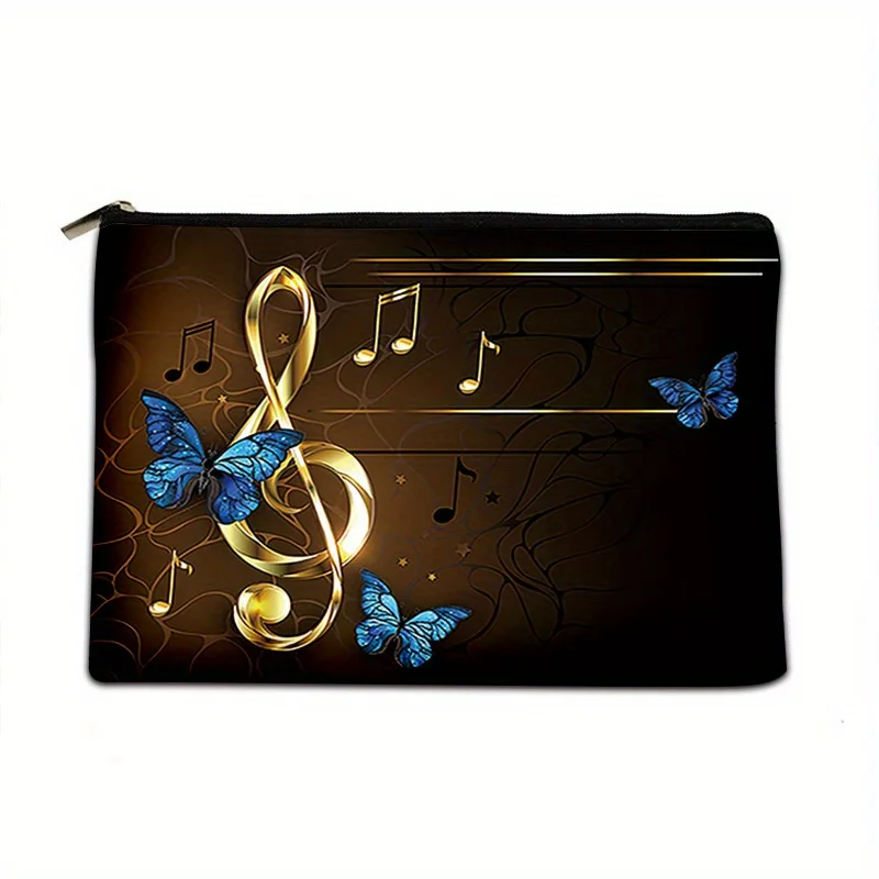 Portable Stylish Cosmetic Bag Musical Symbol Butterfly Linen Fabric Makeup Organizer With Zipper Closure Storage Bags