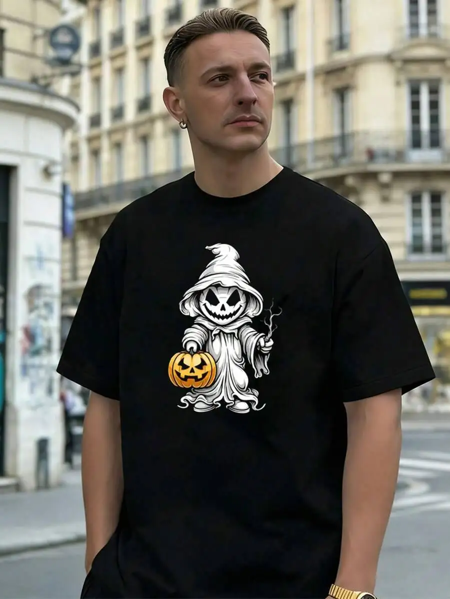 Spooky Pumpkin Ghost Graphic Men's T-Shirt, For Daily Streetwear 100% Cotton Trendy Y2K Short-Sleeve Tee-Soft, Quick-Drying,