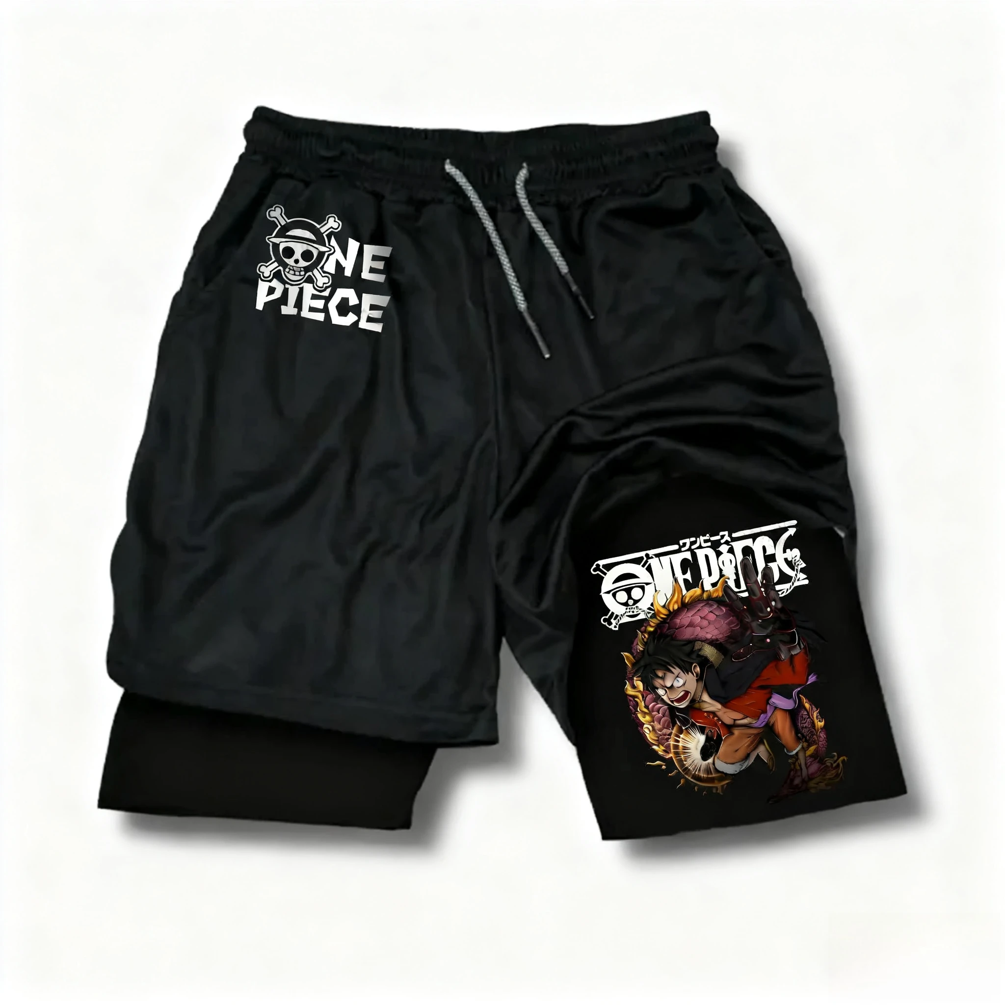 بانداي قطعة واحدة لوفي وسورون شورت رجالي مطبوع بطبقات مزدوجة 2026 شورت صيفي فضفاض ومسامي ورياضي