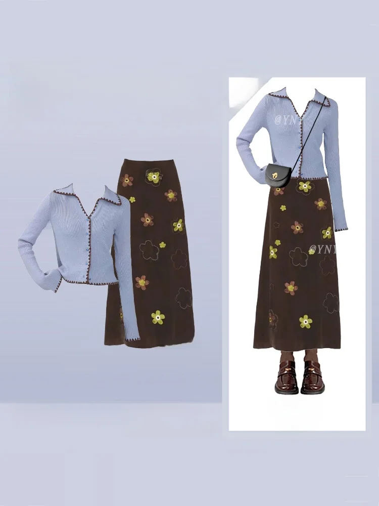 

Комплект из вязаного кардигана в британском стиле и юбки с цветочным принтом, женский ретро-костюм из двух предметов для осени и зимы, модный комплект с цветочным узором