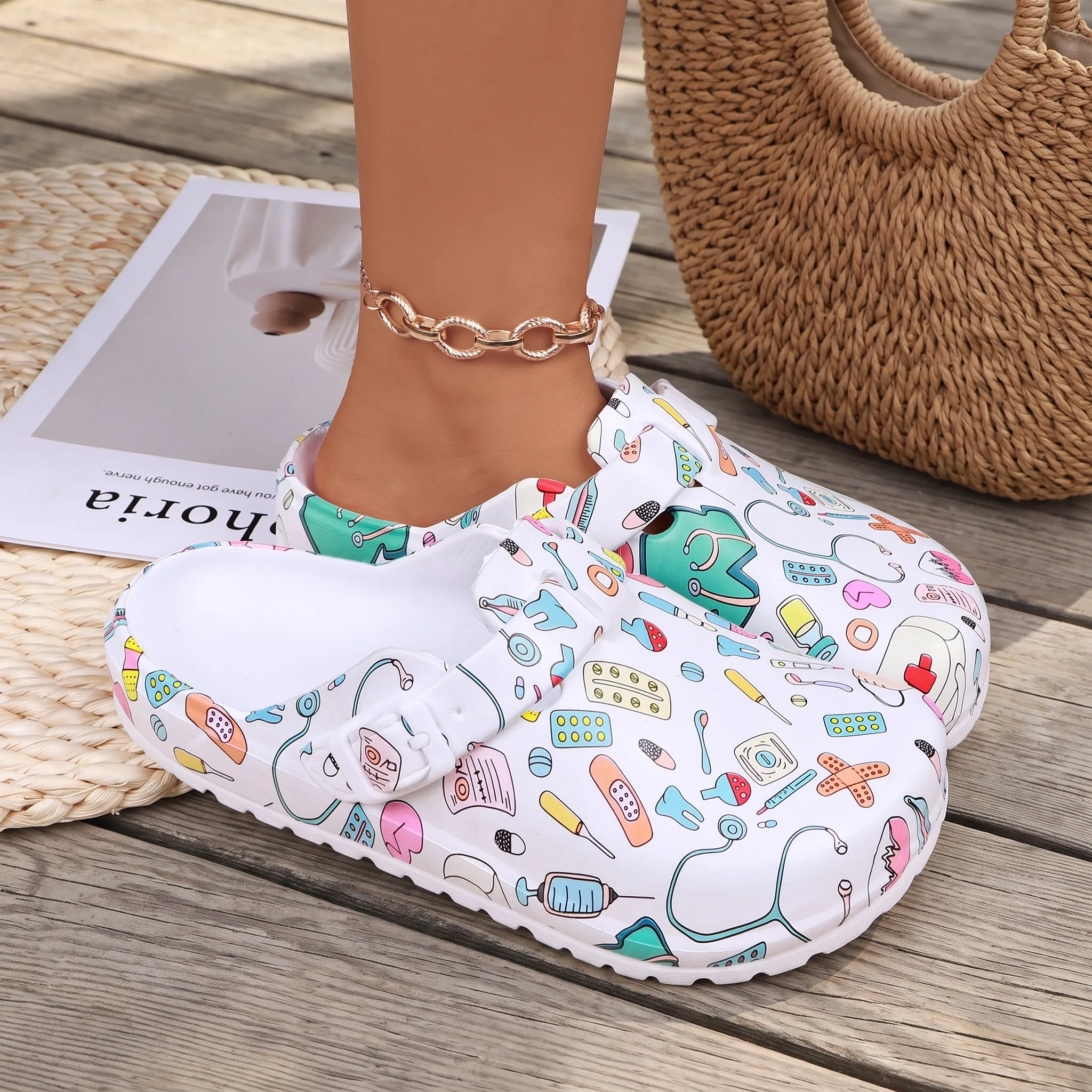Women's Nursing Clogs Medical Print EVA Lightweight Closed Toe Hospital Clinic Healthcare Work Mules with Adjustable Buckle view 6
