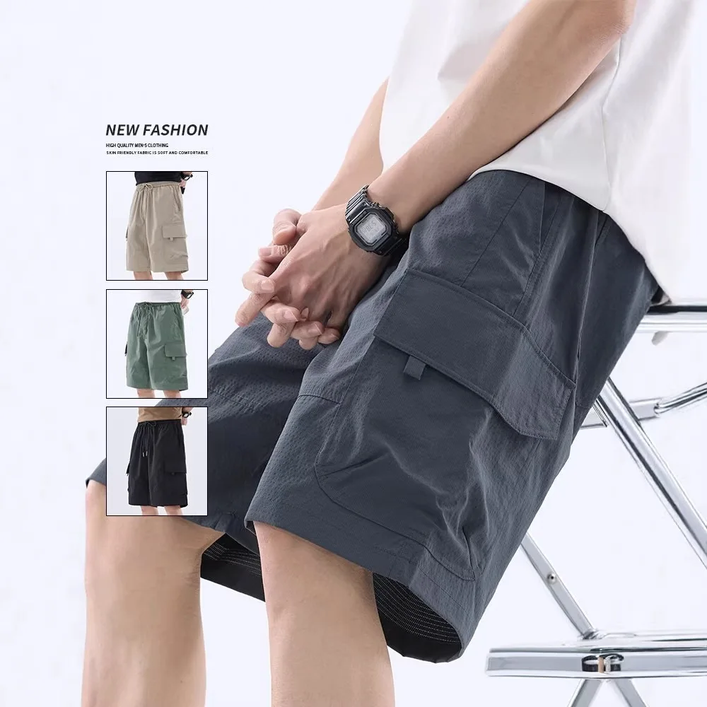 Ice Silk Cargo Shorts Men's Summer Thin Quick-drying Mid-pants 2026 New Loose Straight-leg Five-point Pants Men's Style