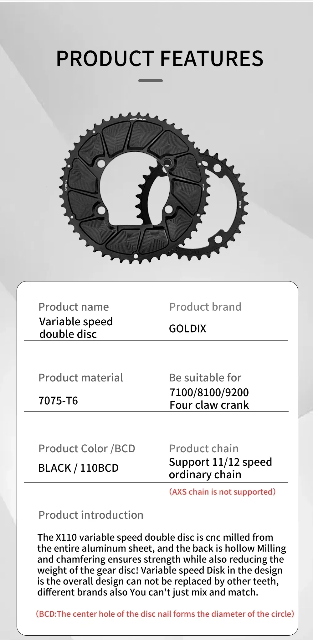 GOLDIX 4-Bolzen 110BCD 2X Doppelkettenblatt AERO-Kettenblatt für SHIMANO DURA-ACE R9200 ULTEGRA R8100 105 R7100 11/12-Gang-Kettenblatt – Detail 2