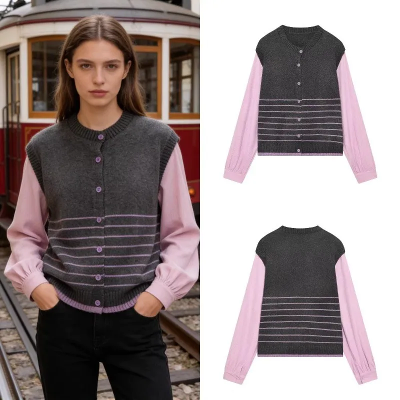 

Color Block Fake Two Piece Knit Cardigan Round Neck Striped Vest Spliced Long Sleeve Button Front Loose Casual Sweater Top