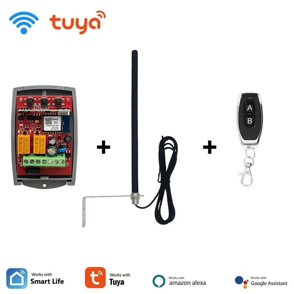 

2CH Tuya Wifi Universal Garage Gate Remote Control 433 Receiver For 433.92MHz Transmitter with Signal Boost 433MHz Antenna