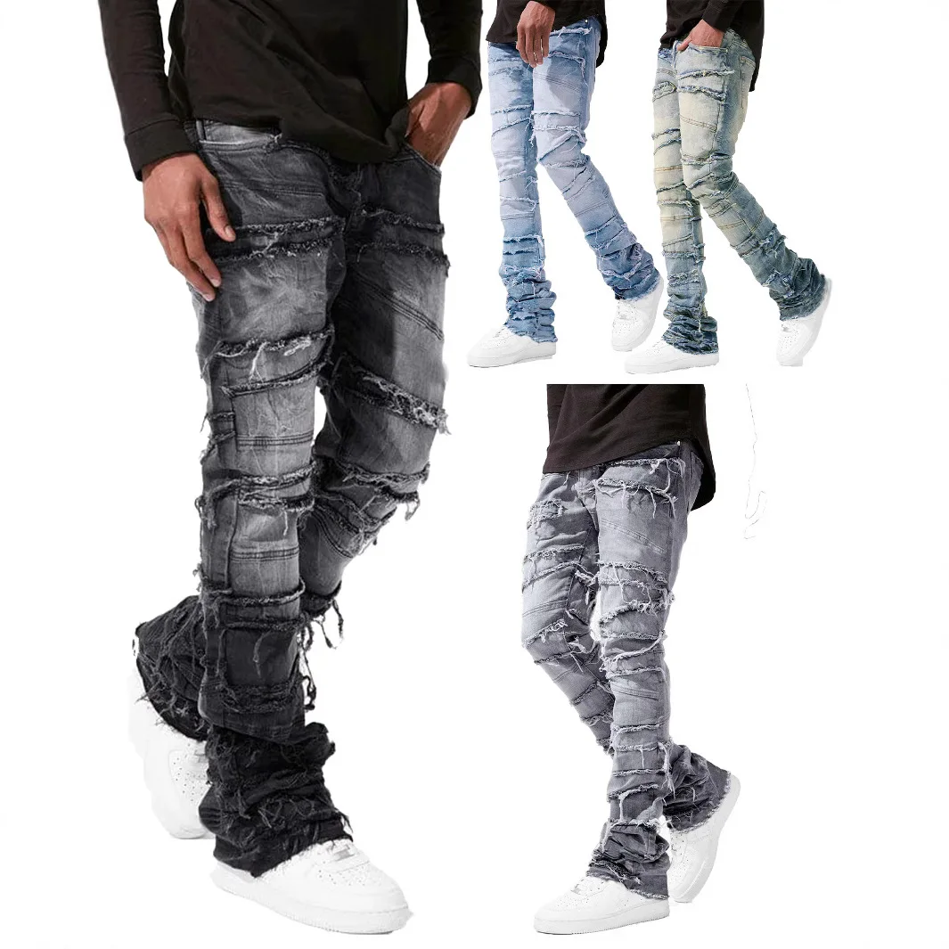 Men's Jeans Denim Straight Pants European American Street Fashion Patchwork Loose Full Length Trousers Streetwears Jeans 2025