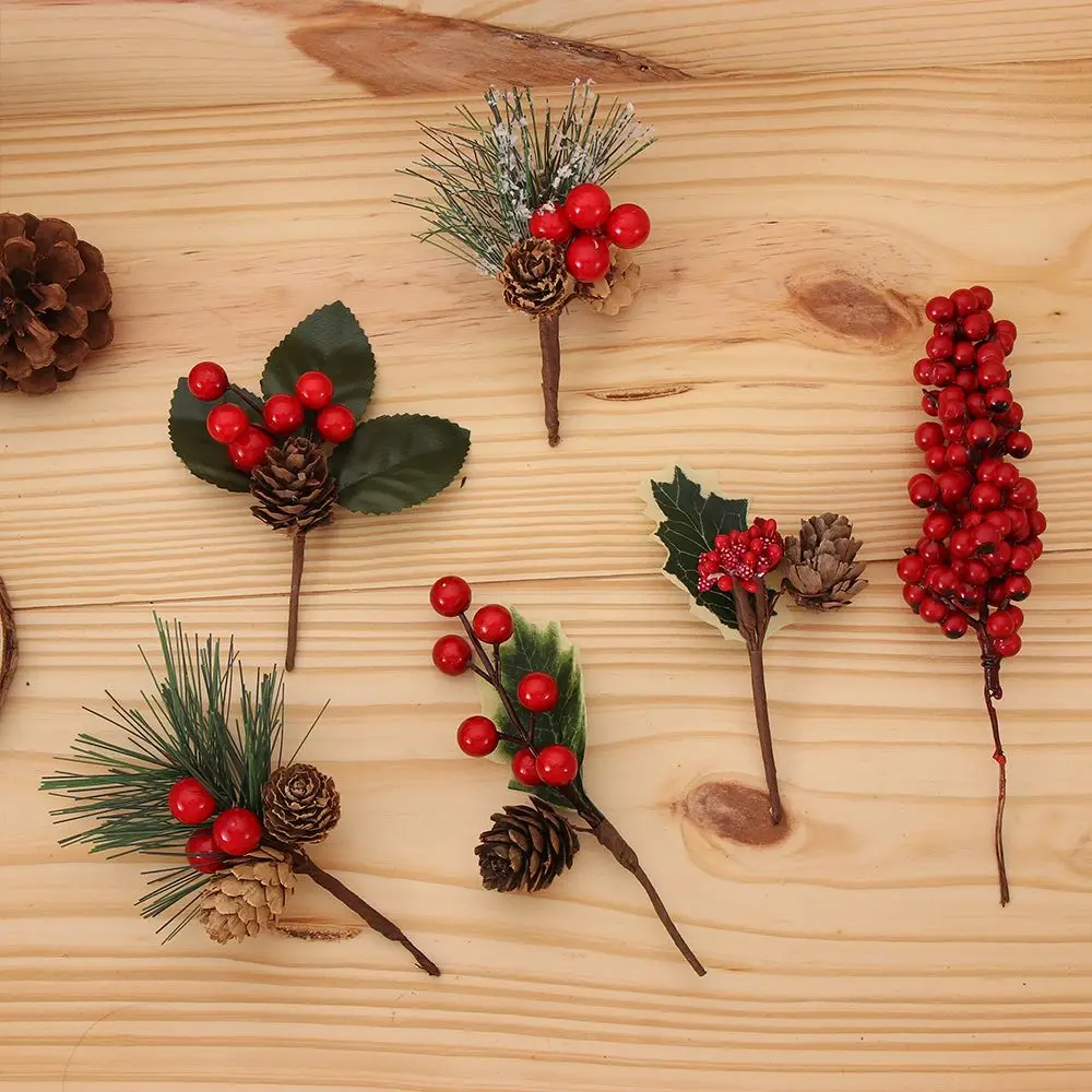 1 Bundle Artificial Flower Red Berry Christmas Berry And Pine Cone With Holly Branches Christmas Decoration Floral Decor Crafts