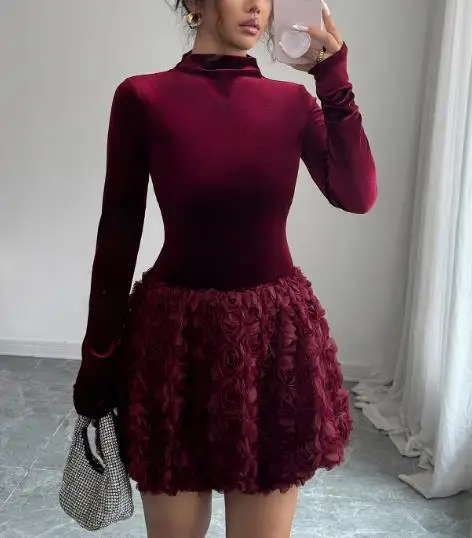 

2025 Autumn/Winter New Women's Fashion Elegant Solid Color Splicing Long Sleeve Short Skirt Women's Wear