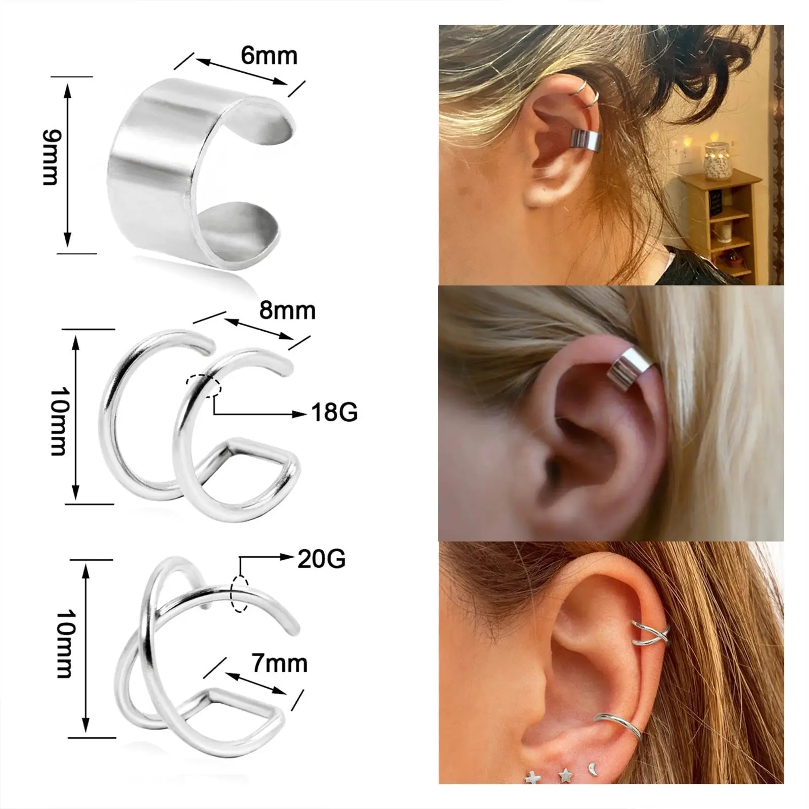 6pcs Stainless Steel Trendy Cute Simple Double Lines Ear Cuff Set Non Piercing Fake Helix Cartilage Huggie Cross Cuff Earrings