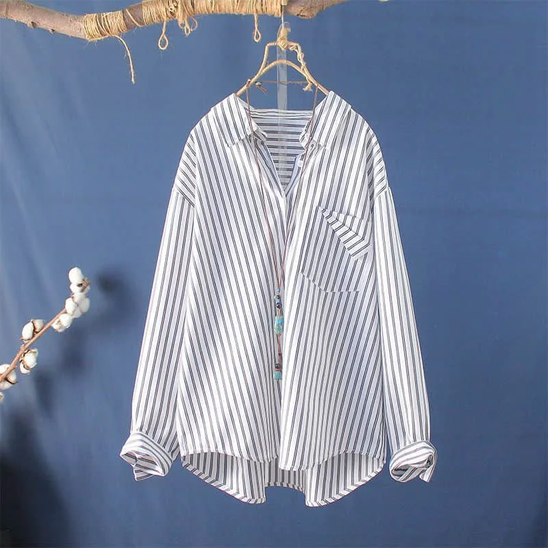 Cotton Shirts for Women Vintage Striped Long Sleeve Literary New Style Personalized Splice Loose Casual Korean Style Women Tops