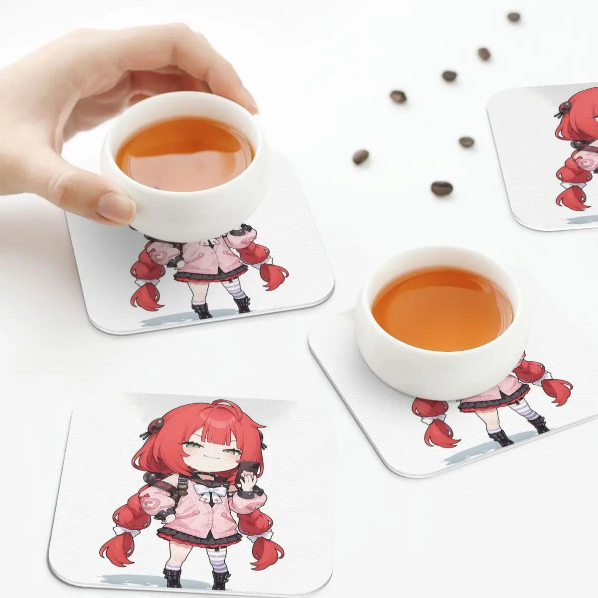 

Ukinami Yuzuha Zenless Zone Zero Chibi, милые подставки для телефонов и девочек, кожаные салфетки, изоляционные кофейные коврики, набор из 4 шт.