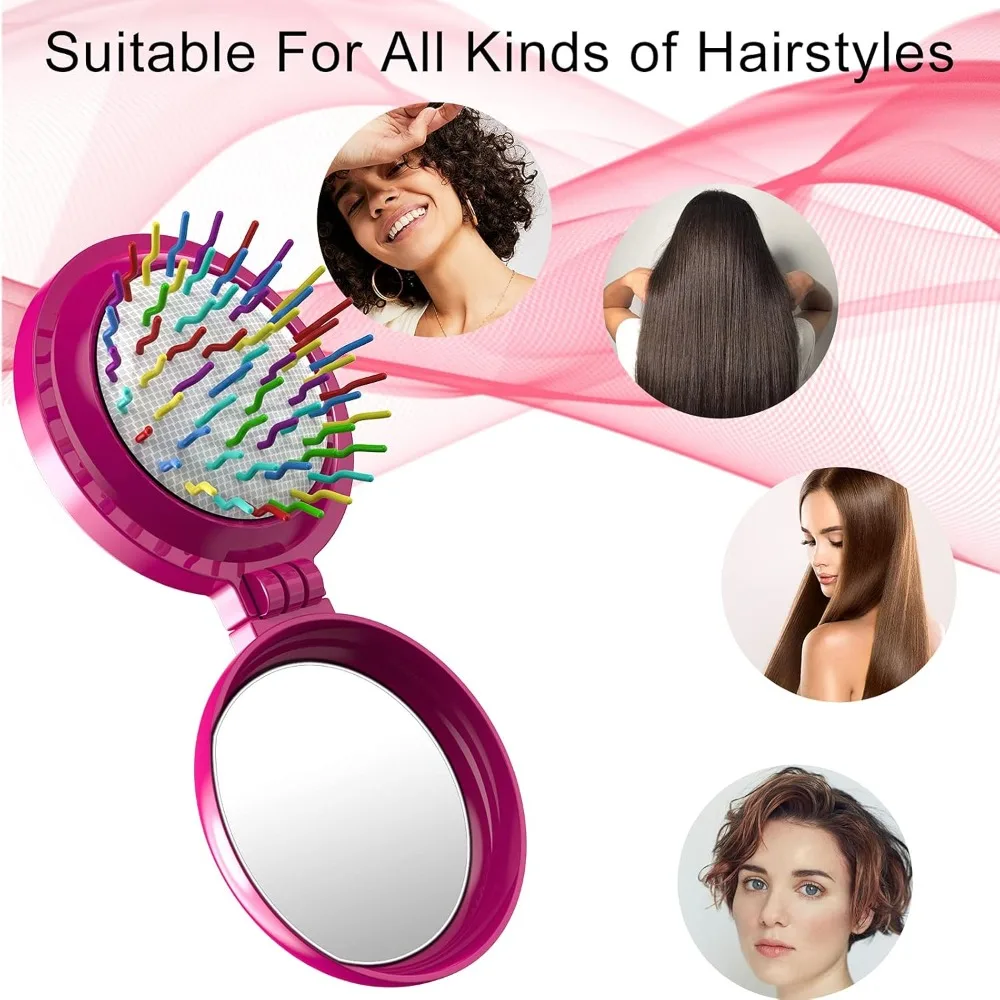 Folding Travel Hair Brush with Mirror Mini Portable Pocket Air Cushion Comb Compact Round Detangling Massage Hair Brush Gift view 5