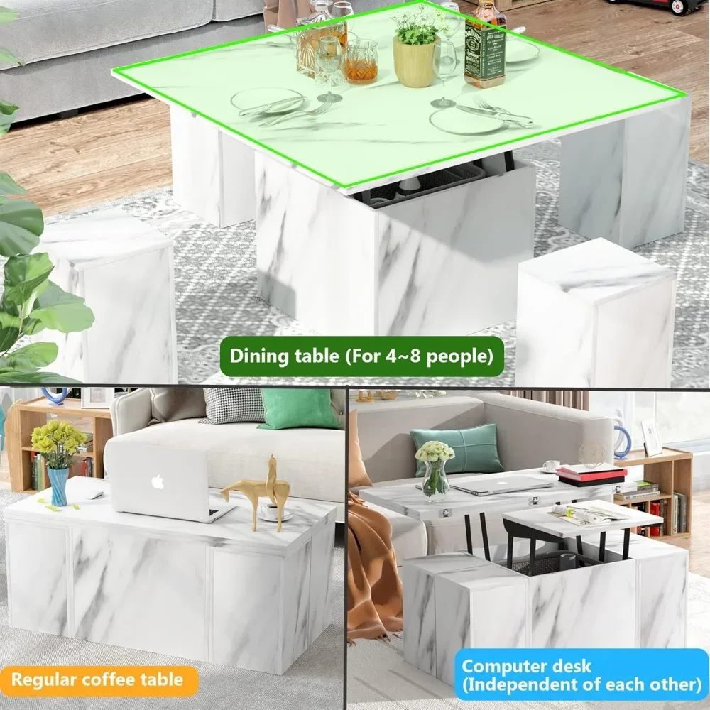 Coffee Table,White artificial marble lifting coffee table, multifunctional, 4 storage tables, modern living room coffee table