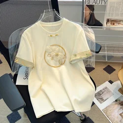 Cotton Chinese Style Women's T-shirt Summer New Embroidery Tees Short Sleeve Loose Clothing Sales O-necks Vintage Women's Tops