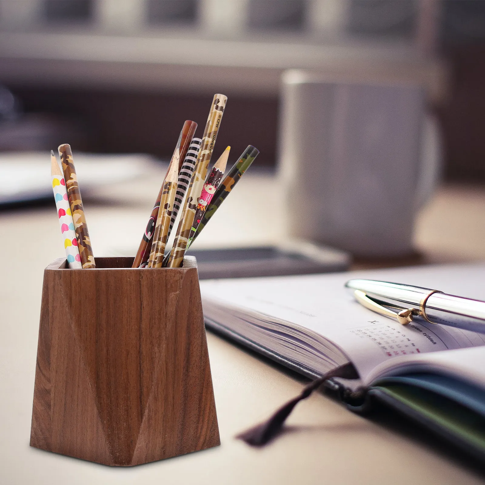 1Pcs Wooden Wood Desktop Pen Holder Container For Reception Desk Decor Christmas Desk Accessories Natural Grain