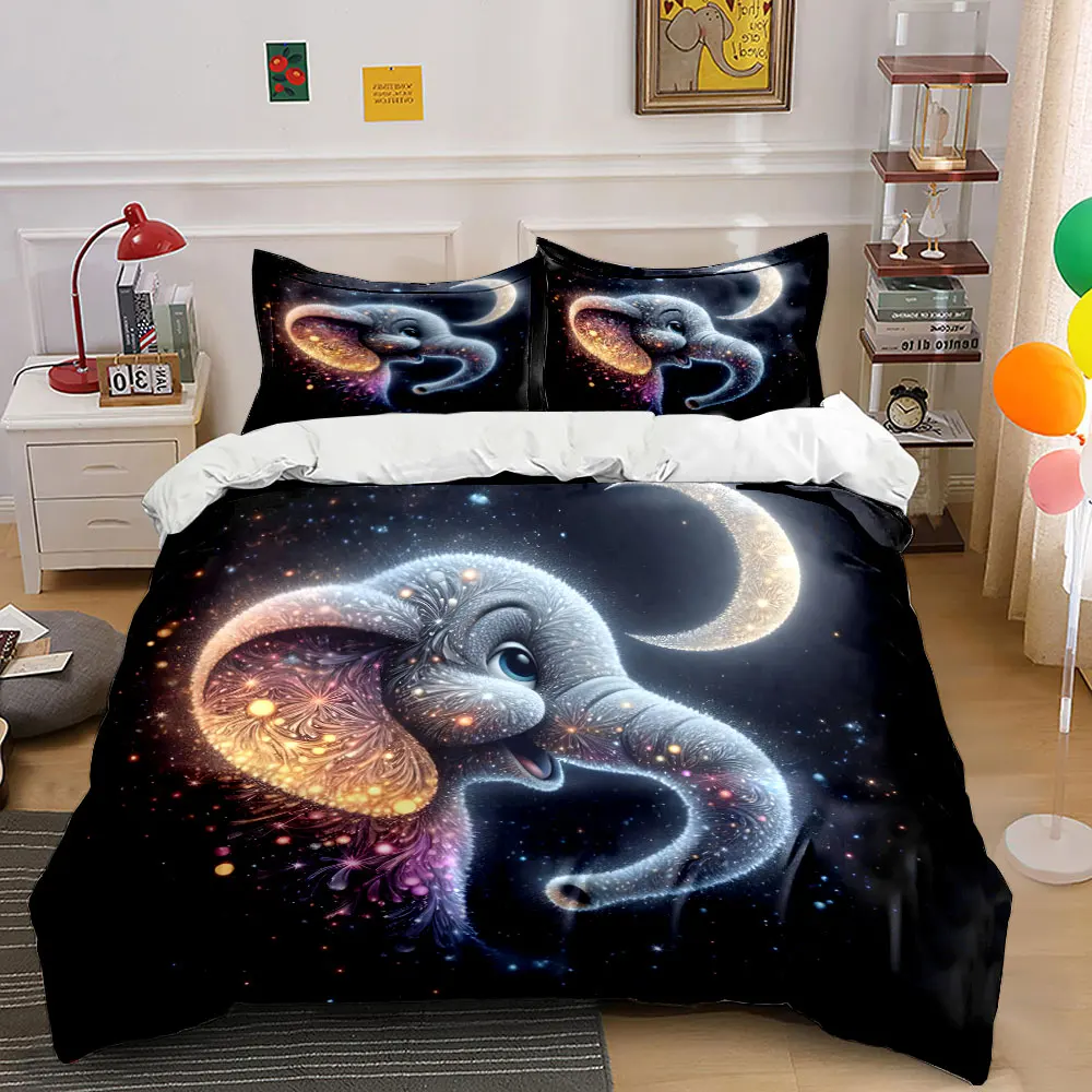 Shimmering Elephant in Magical Night Sky Print Bedding Set 1 Duvet Cover 2 Pillowcases for Adult and Children Luxury Gift