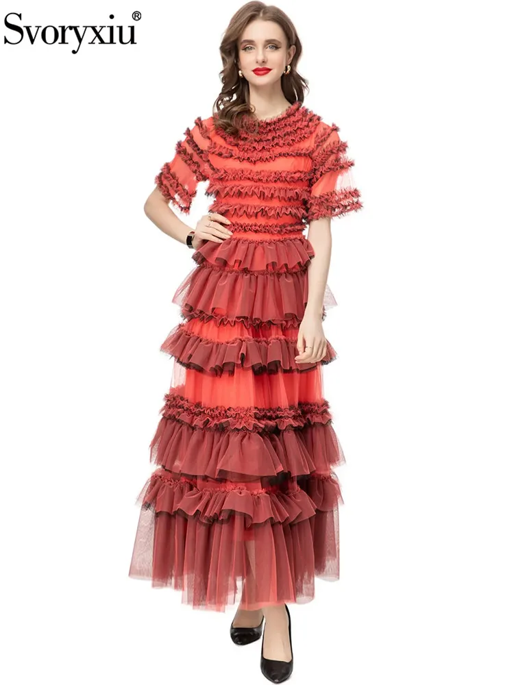 

Svoryxiu Fashion Designer Summer Party Elegant Big Swing Dress Women's O-Neck High Waist Net Yarn Cascading Flounces Dress