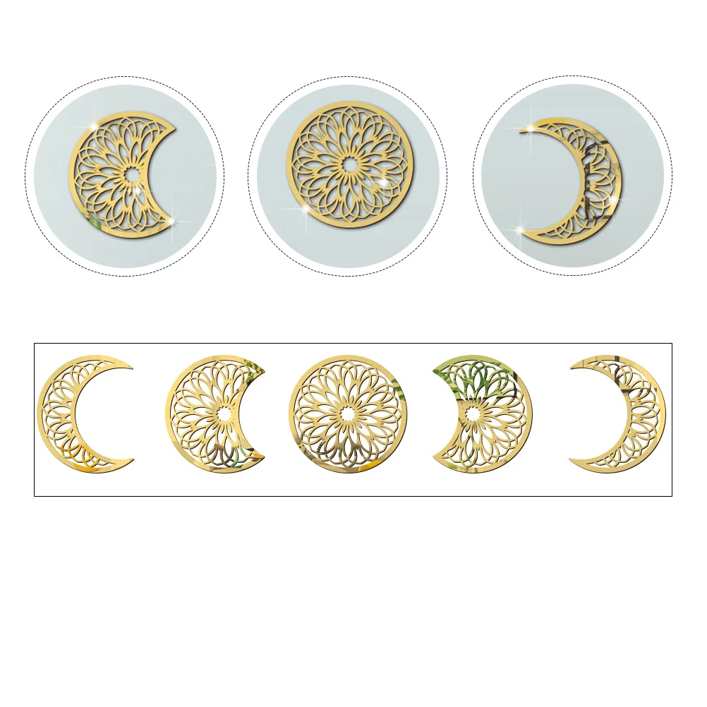 

1Set Moon Mirror Decor Wall Sticker Set for Home Office Window Closet Surface DIY Acrylic Decoration Silver Modern Style