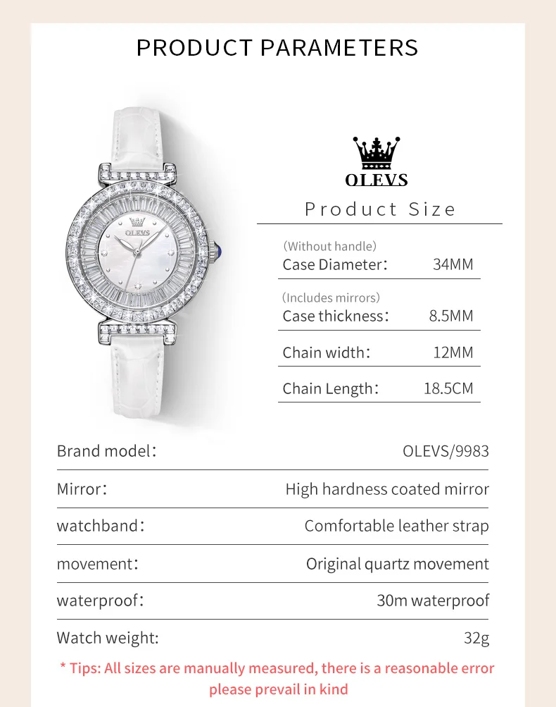 OLEVS 9983 Full Diamond Quartz Watch for Women Leather Strap Waterproof Luminous Clock Luxury Elegant  Ladies Dress Wristwatches