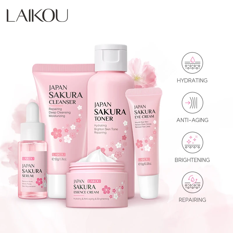 LAIKOU Japan Sakura Skin Care Set Serum Rejuvenating Cream Glowing Moisturizer Fade Blemishes 5pcs