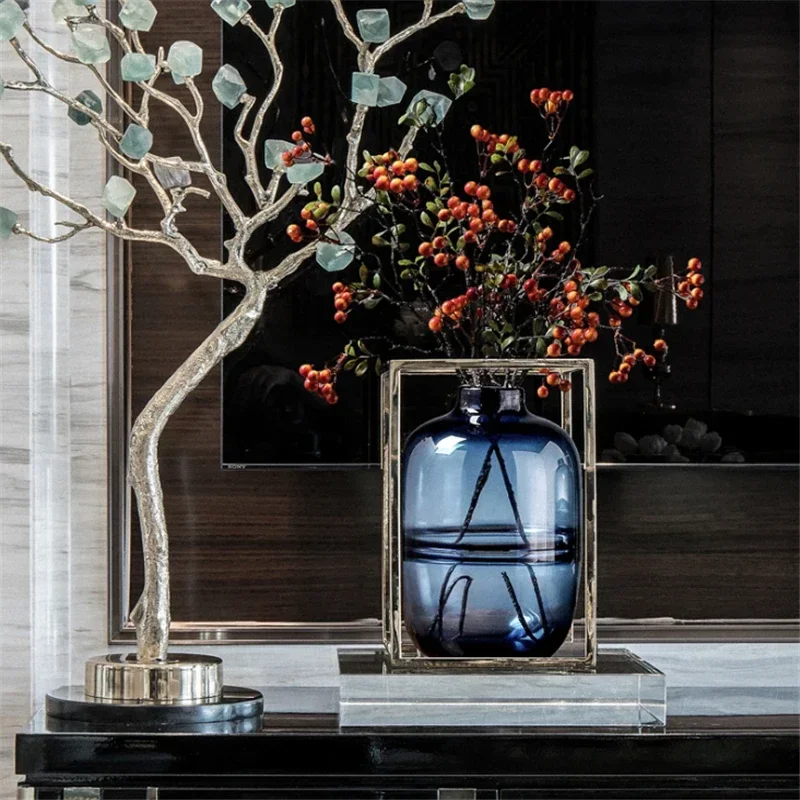 Minimalist Blue Black Glass Vase Home Living Room Nordic Restaurant Flower Arrangement Transparent Flower Decoration Ornaments - view 3