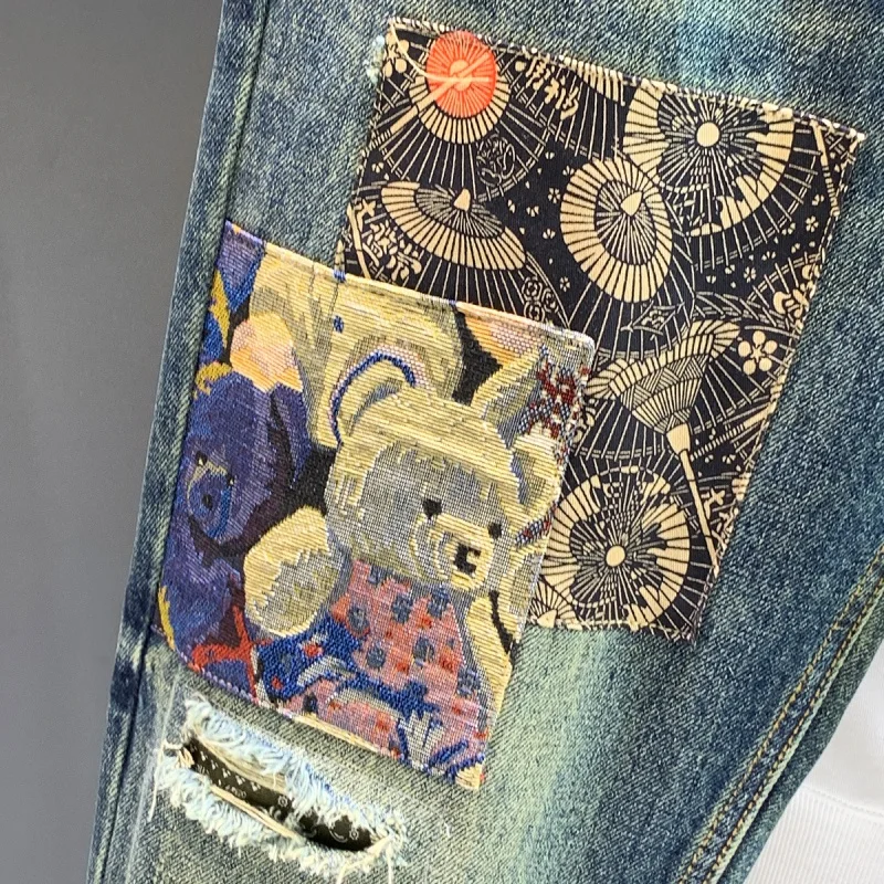 Jeans Harlan solto personalizado masculino, remendo na moda, retrô angustiado, marca da moda, rua alta, calças compridas, me, novo, primavera e outono