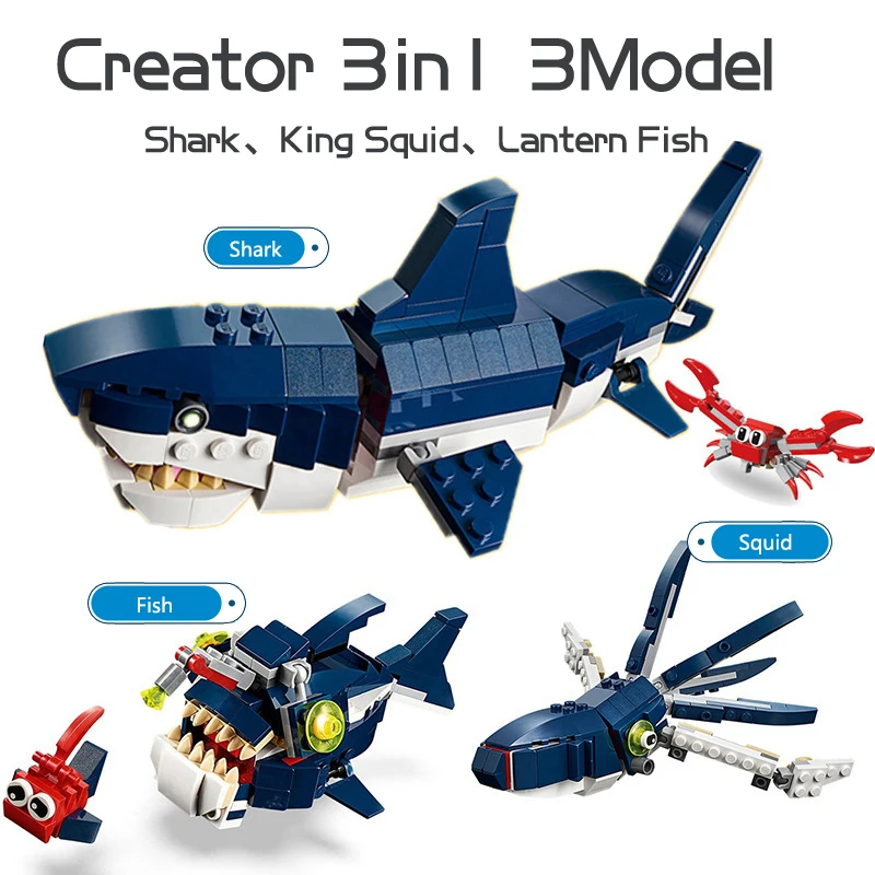 DECOOL 3in1 Creative Series Marine Animal Shark Building Blocks Squid Great White Shark Bricks Toys For Children Boy Kids Gifts