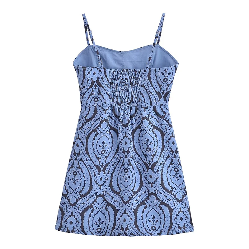 New Women Vintage Geometric Printed Sling Mini Dress Sexy Sleeveless Female Summer Holiday Short Robe