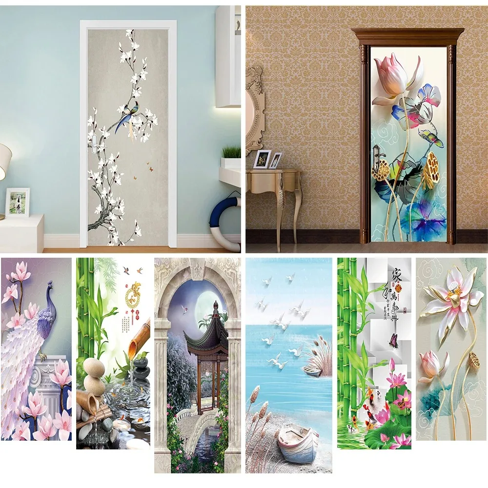 

Chinese Style Oriental Door Sticker Self Adhesive Ink Painting Full Door Wrap 3D Wallpaper Customize Home Decoration Door Poster