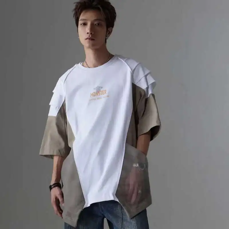 HKSH Men\'s Tide Niche Design Deconstruction Spliced Punk Streetwear Loose Color Contrast Short Sleeve T-shirt Summer Tees HK1701