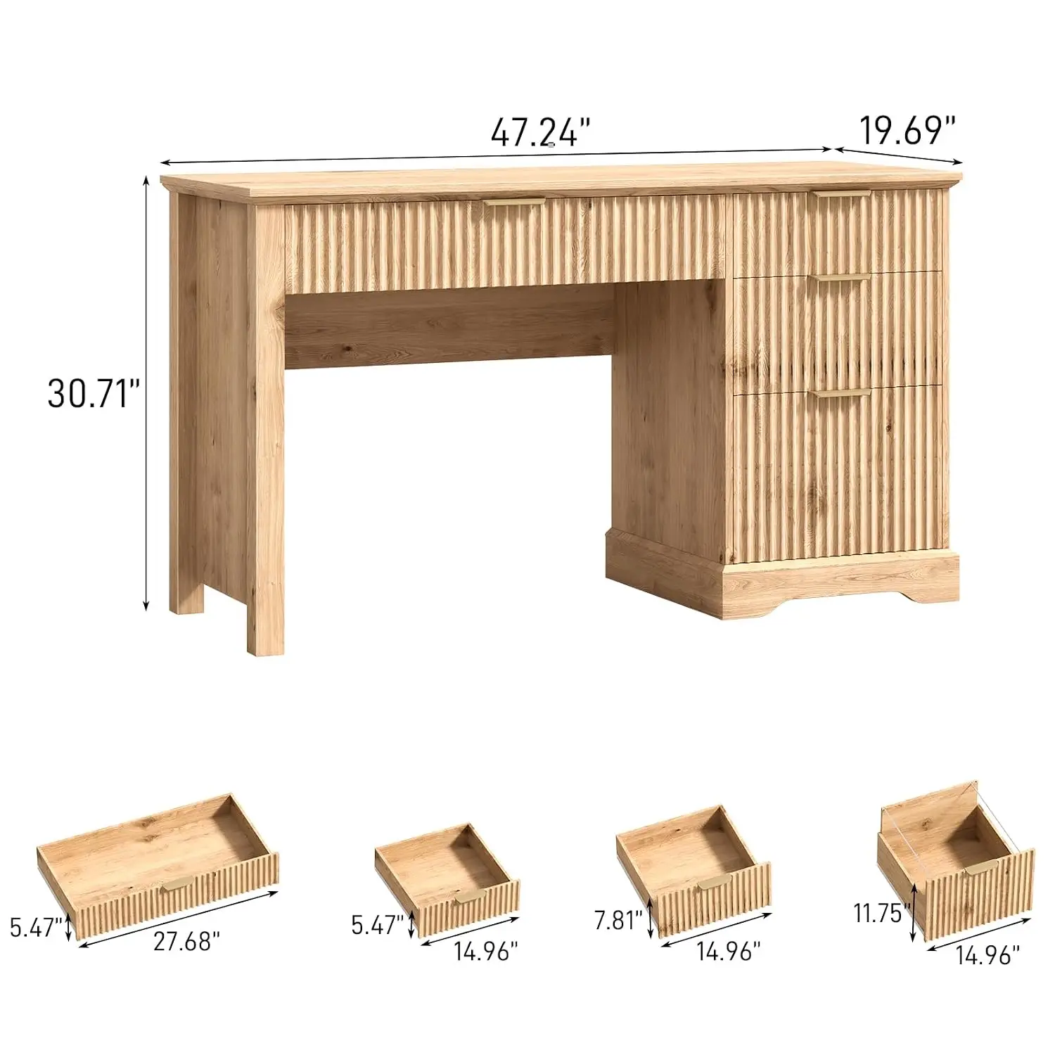Fluted Executive Wood Computer Desk with Drawers & File Storage for Home Office Study Bedroom, Oak, Customized