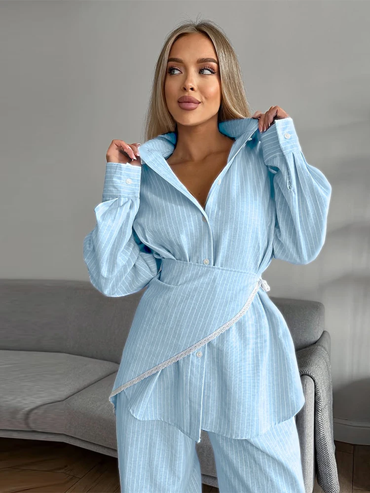 

Casual Stripe Belt Shirts Trouser Suits Long Sleeve Lapel Lace Up Shirt Lace Patchwork Pants Lady Sets 2025 Autumn Office Set