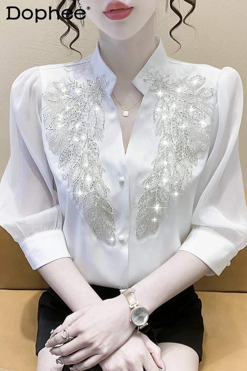 Schwere Stickerei Pailletten Diamant Perlen Knopf Shirt Frauen Mode mittellange weiße Bluse 2022 Frühling Sommer neue camisas mujer