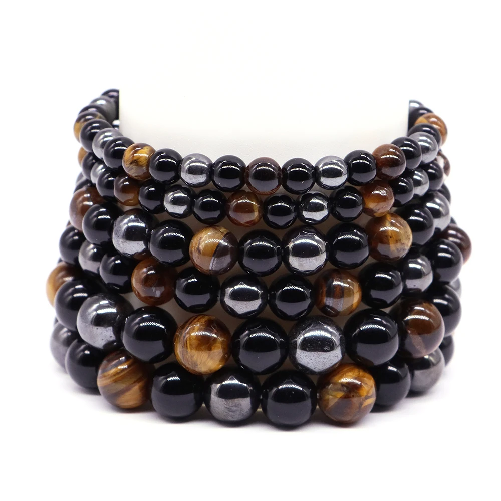 

Fashion Tiger Eye Bangles Men 6-10mm Natural Energy Stone Obsidian Beads Reiki Healing Hematite Bracelets for Women Jewelry Gift