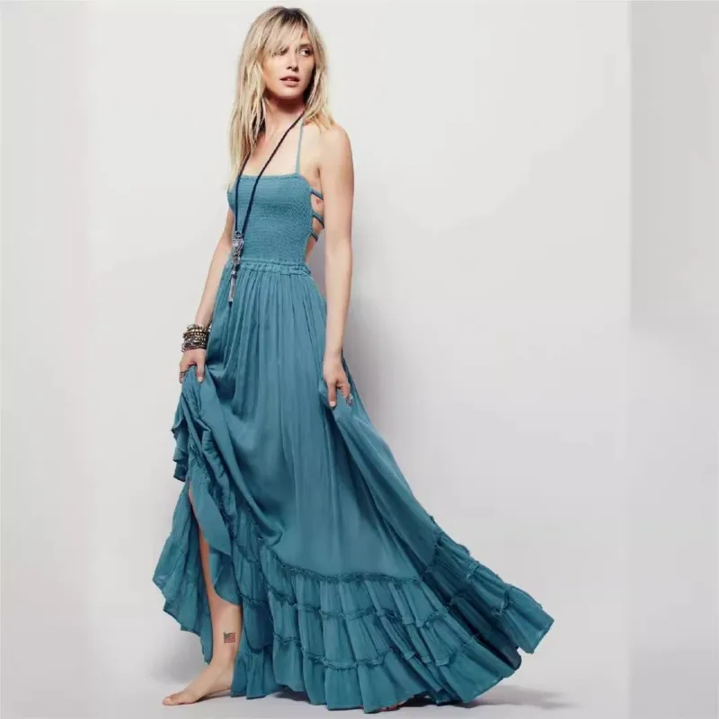 

2025 Sexy Backless Party Dress Boho New Fashion Halter High Waist Sundress Back Lace-up Ruffles Long Dresses Solid Vestidos
