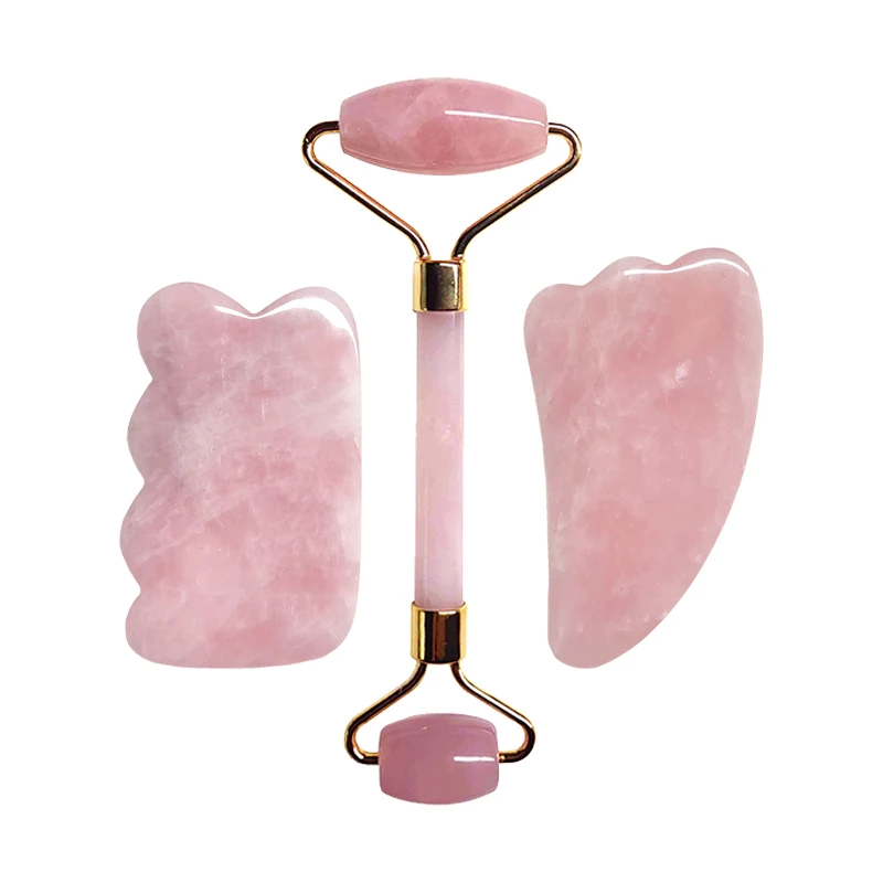 3PCS/Set Natural Rose Quartz Gua Sha Roller Slimming Face Massager Lifting Tool Facial Massage Jade Roller Gua Sha Kit Stone