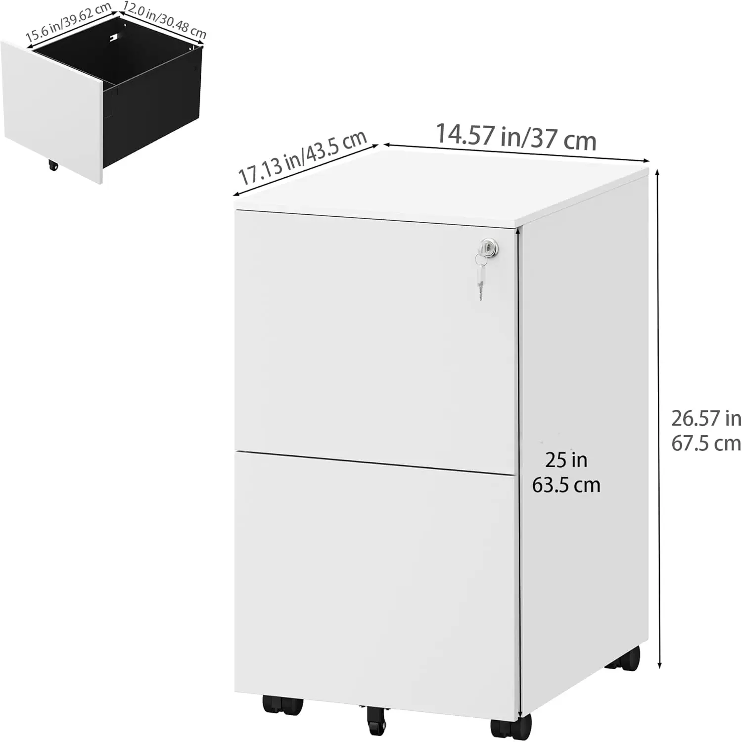 2-Drawer Mobile File Cabinet with Lock, 18.9” Deep Office Filing Cabinet for Legal/Letter