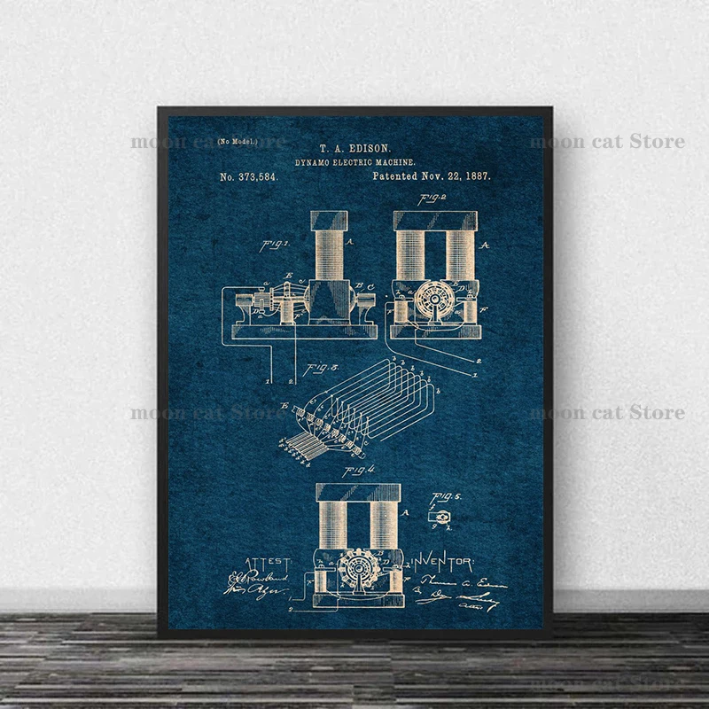 Vintage Thomas Edison Dynamo/lampa elektryczna Patent szkic plakat inżynier płótno malarstwo drukuje zdjęcia ścienny dekoracje do domowego biura