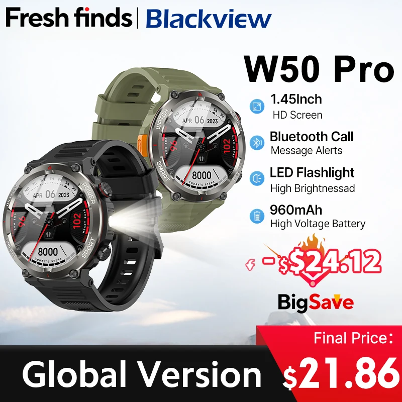 [World Premiere] Blackview W50 Pro Smartwatch 1.45" HD Display Flashlight Bluetooth Phone Call 960mAh Battery Rugged Smartwatch